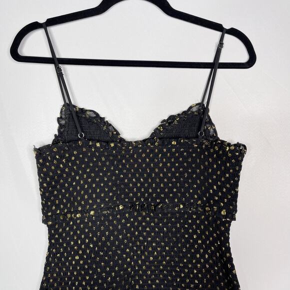 Likely Size 10 Black Gold Zephra Metallic Dot Print Ruffle Mini Dress Cocktail - Picture 6 of 12